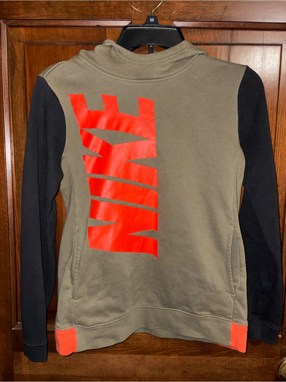 Kids Nike Olive Green & Black Hoodie with Bright Orange Logo